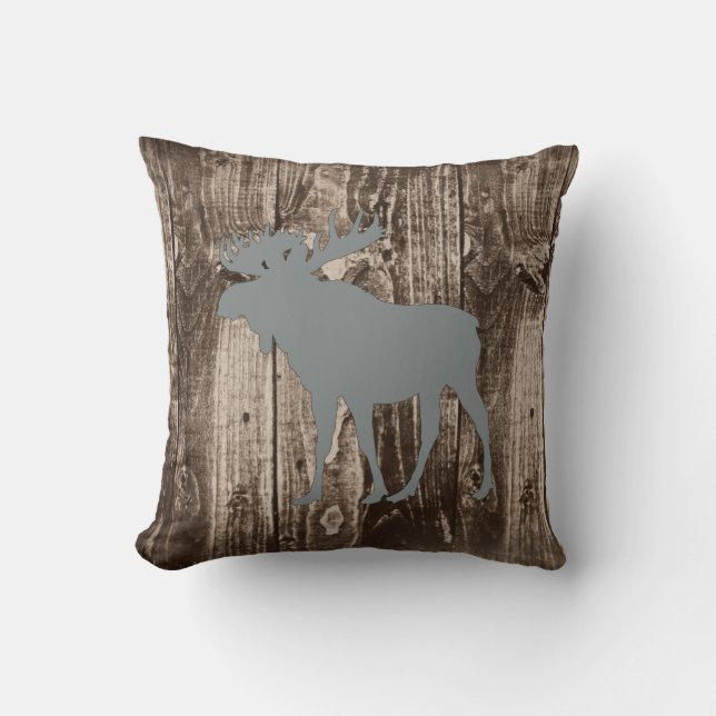 Moose (Grey) Wildlife on Rustic Wood Cabin Cushion (Front)