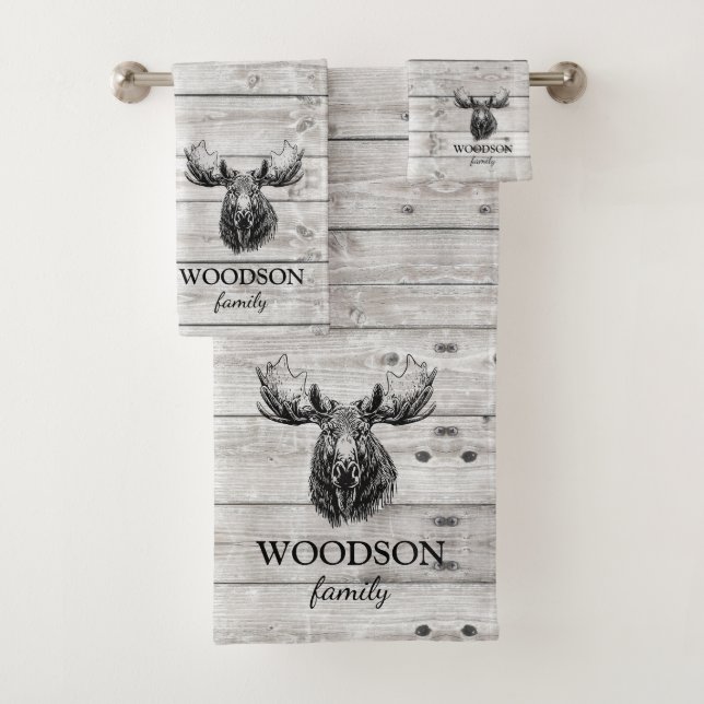  Moose Grey Wood Pattern Personalised Bath Towel Set (Insitu)