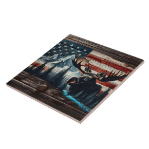 Moose Head Against American Flag and Mountains Tile