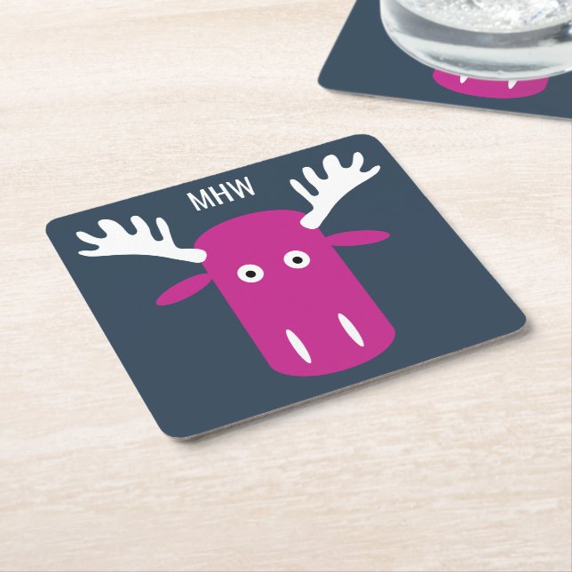 Moose Head Pop Art custom monogram paper coasters (Angled)