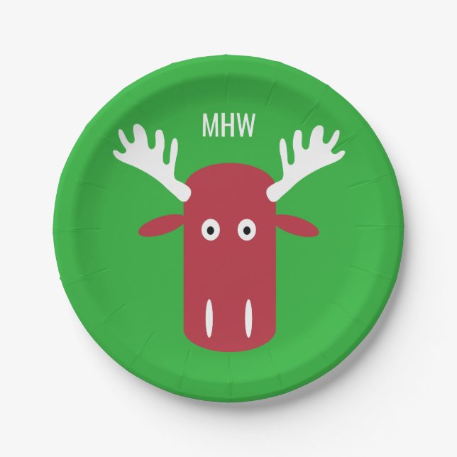 Moose Head Pop Art custom monogram paper plates (Front)
