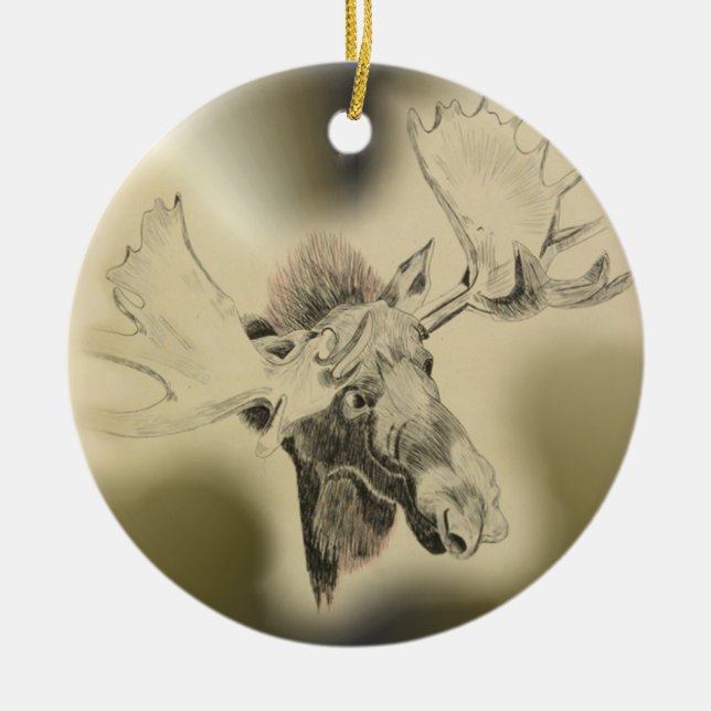 Moose Head Sketch Ceramic Tree Decoration (Front)