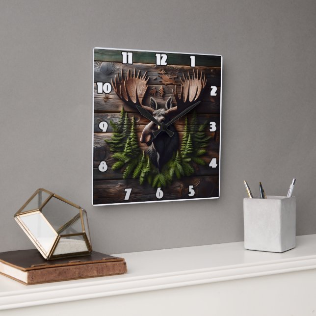 Moose Head Wall Mount With Pine Foliage Square Wall Clock (Office)