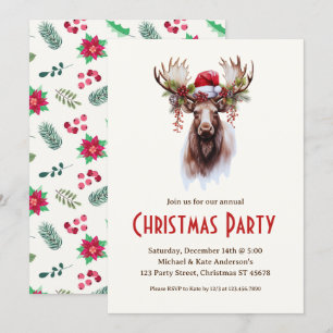 Moose in a Santa Hat Poinsettias Christmas Party I Invitation