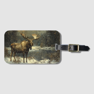 Moose in a Winter Landscape Painting Luggage Tag