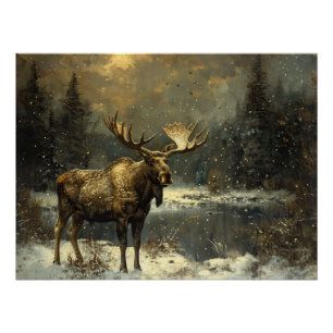 Moose in a Winter Landscape Painting Poster