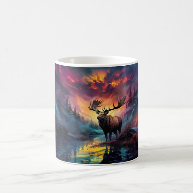 Moose In Canyon Creek With Distant Wildfire Coffee Mug (Center)