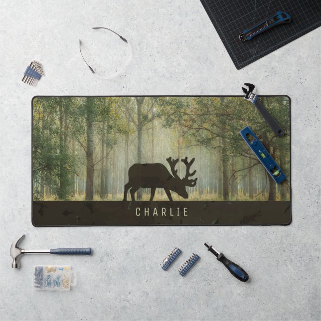 Moose in Forest Illustration Personalised Desk Mat (Workstation)