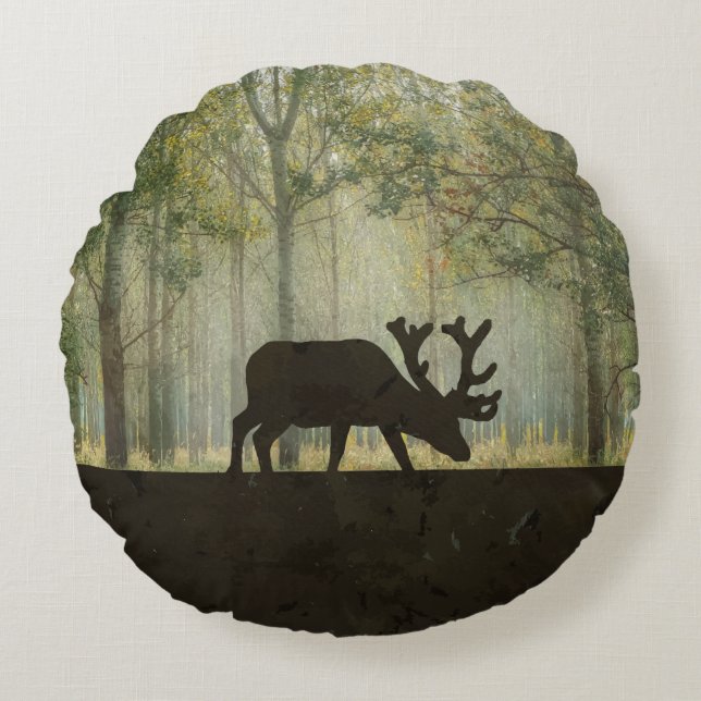 Moose in Forest Illustration Round Cushion (Front)