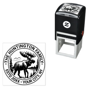 Moose in Forest Landscape Family Name Estd Date Self-inking Stamp