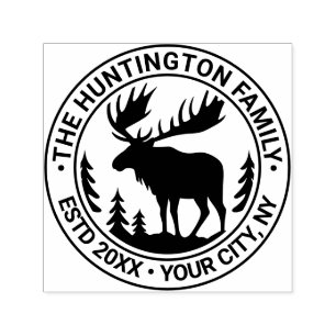 Moose in Forest Silhouette Family Name Estd Date Self-inking Stamp