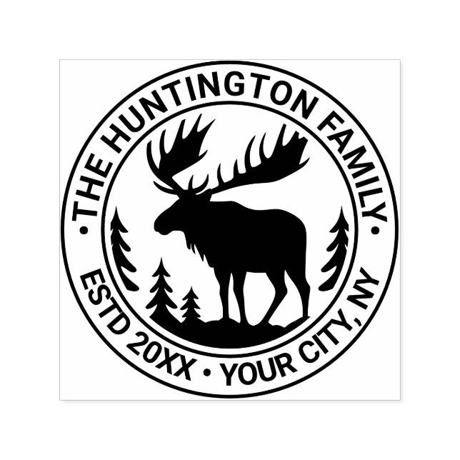Moose in Forest Silhouette Family Name Estd Date Self-inking Stamp (Design)