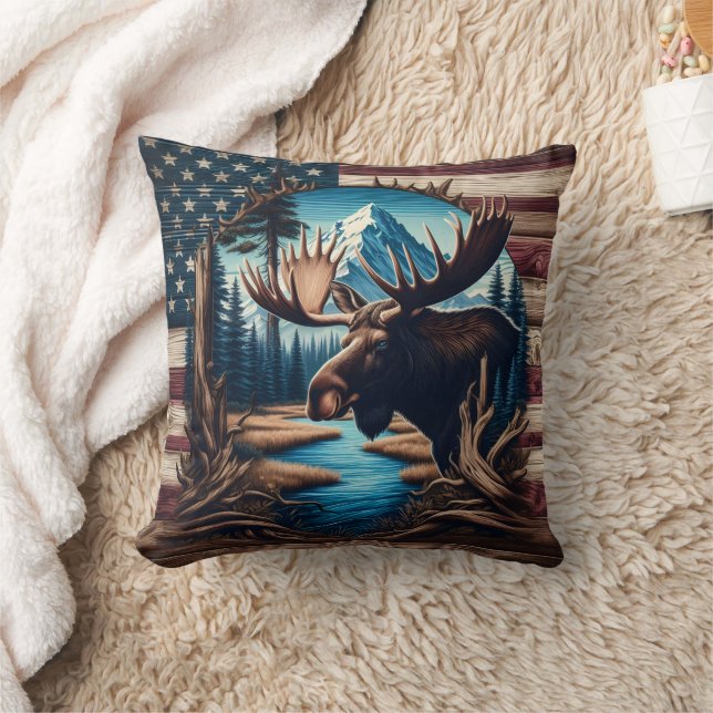 Moose in Front of Mountain and American Flag Cushion (Blanket)