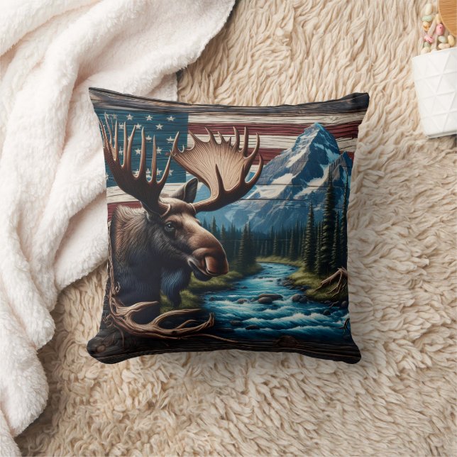 Moose in Front of Mountain and American Flag Cushion (Blanket)