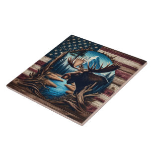 Moose in Front of Mountain and American Flag Tile