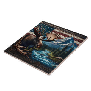 Moose in Front of Mountain and American Flag Tile