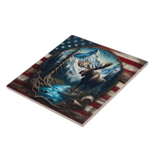 Moose in Mountain Landscape With American Flag Tile