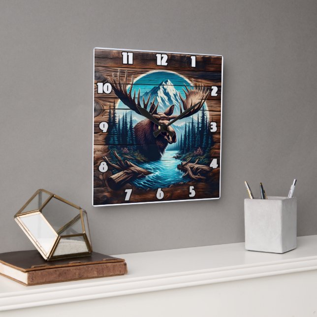Moose in Mountain Landscape With River and Trees Square Wall Clock (Office)