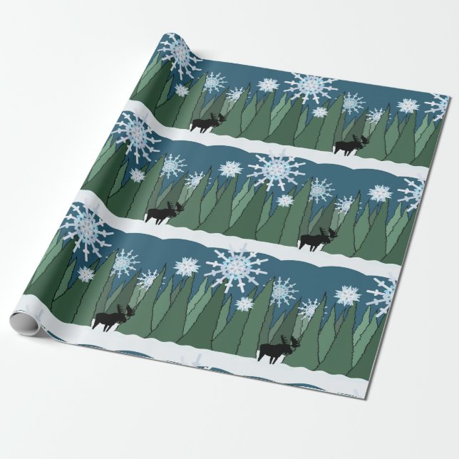 Moose in Snowflake Forest Wrapping Paper (Unrolled)