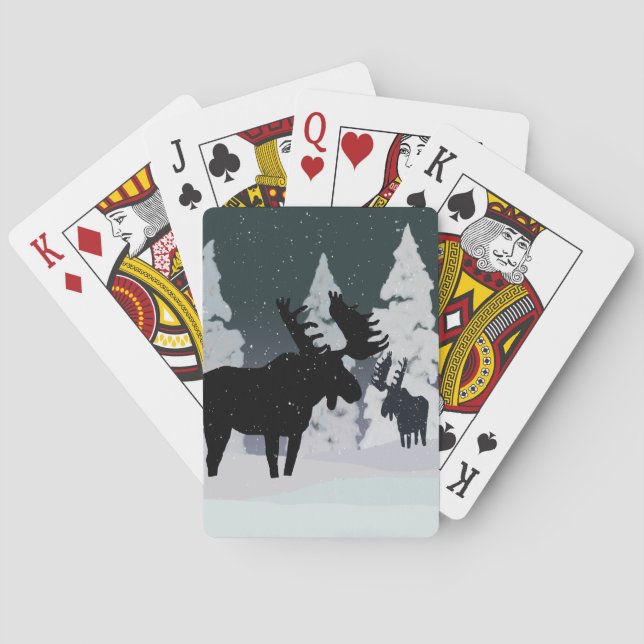 Moose in Snowy Winter Night Playing Cards (Back)