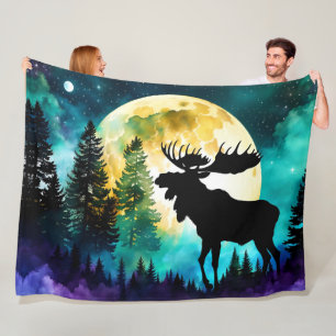 Moose in the forest Full moon  Fleece Blanket