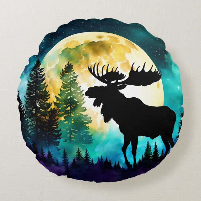 Moose in the forest Full moon  Round Cushion (Front)