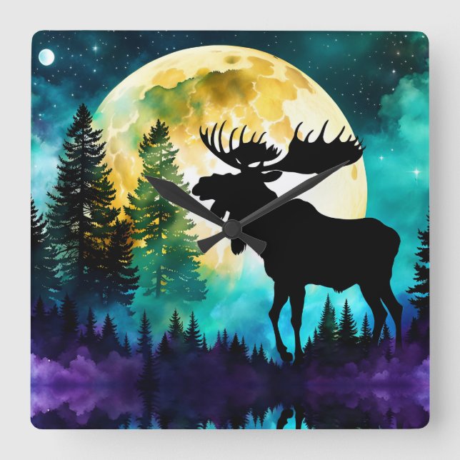 Moose in the forest Full moon  Square Wall Clock (Front)