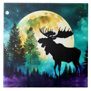 Moose in the forest Full moon  Tile