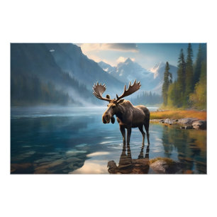 Moose in the lake photo print