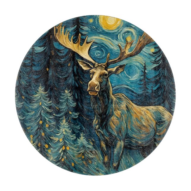 Moose in the Pine Forest Van Gogh Cutting Board (Front)