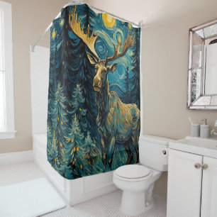 Moose in the Pine Forest Van Gogh Shower Curtain
