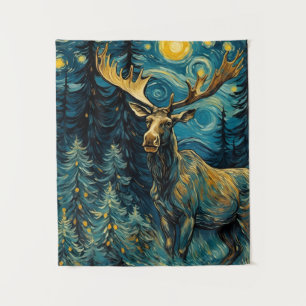 Moose in the Pine Forest Van Gogh Tapestry