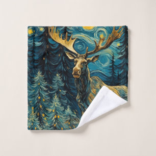 Moose in the Pine Forest Van Gogh Wash Cloth