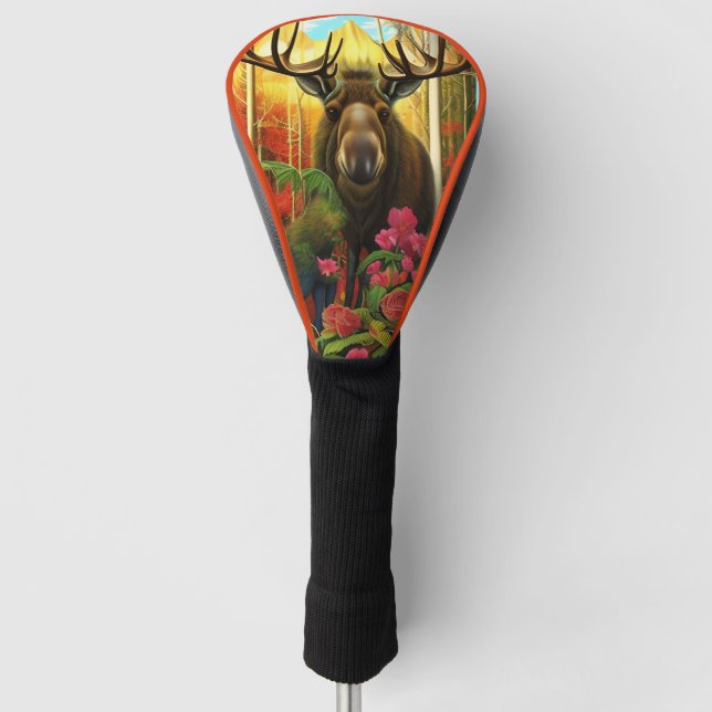 Moose in the woods with flowers AI Art  Golf Head Cover (Front)