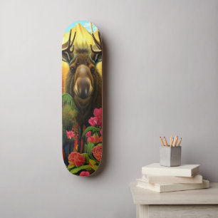 Moose in the woods with flowers AI Art Skateboard