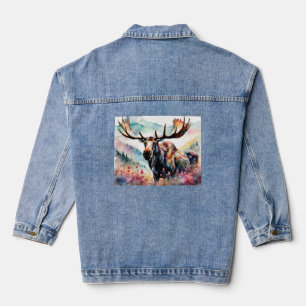 Moose in Wildflowers watercolor Denim Jacket