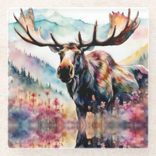 Moose in Wildflowers watercolor Glass Coaster