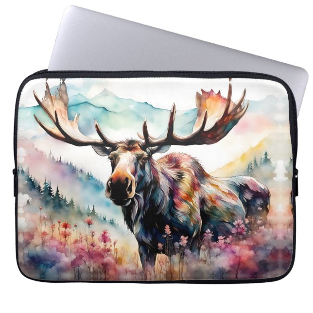 Moose in Wildflowers watercolor Laptop Sleeve (Front)