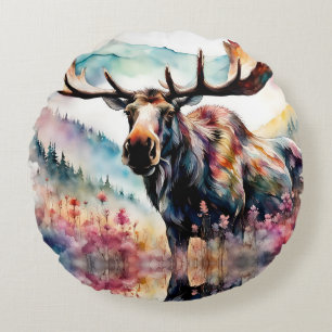 Moose in Wildflowers watercolor Round Cushion