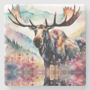 Moose in Wildflowers watercolor Stone Coaster