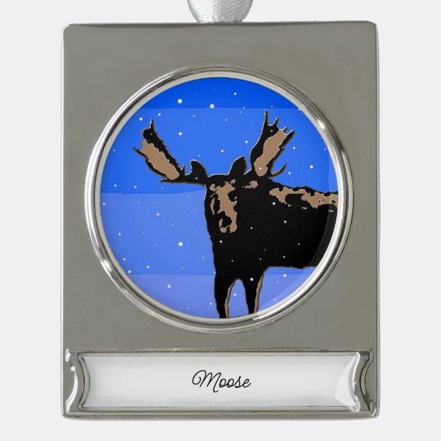 Moose in Winter  - Original Wildlife Art Silver Plated Banner Ornament (Front)