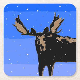 Moose in Winter - Original Wildlife Art Square Paper Coaster