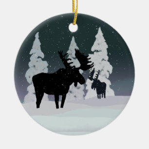 Moose in Winter Snow Ceramic Tree Decoration