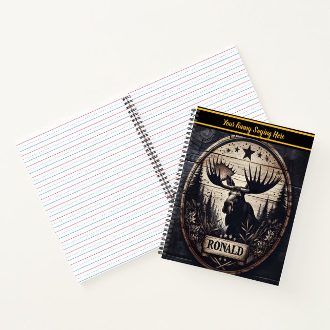 Moose in woods with wooden art details notebook (Inside)