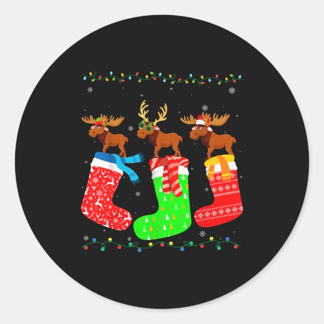 Moose In Xmas Socks Funny Holiday Ugly Sweater Chr Classic Round Sticker (Front)