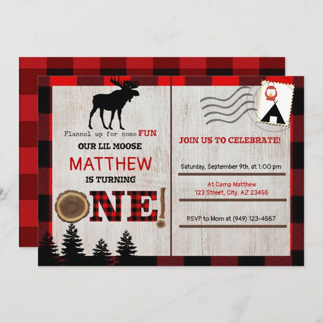 Moose Lumberjack Birthday Invitation Postcard (Front/Back)