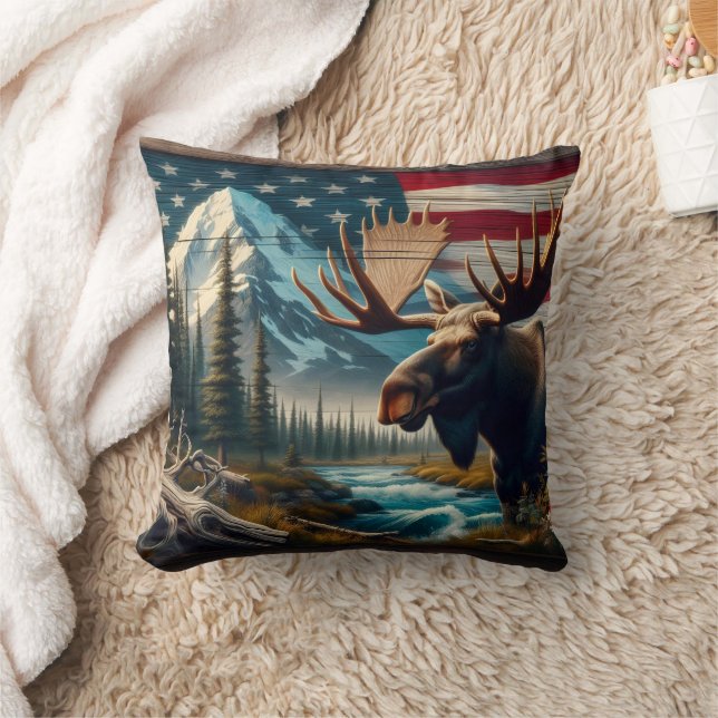 Moose Near River With Mountains and Flag Cushion (Blanket)