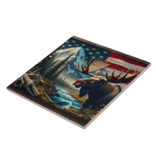 Moose Near River With Mountains and Flag Tile