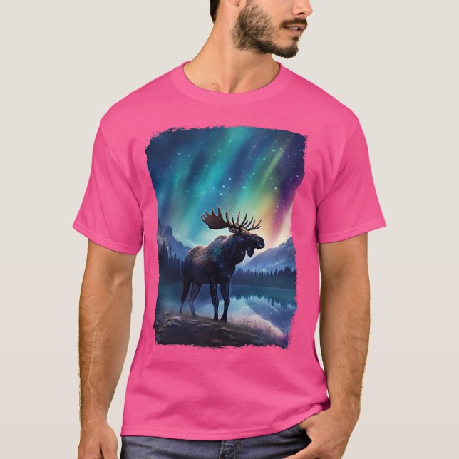 Moose Northern Light Aurora Borealis Scenery Mount T-Shirt (Front)