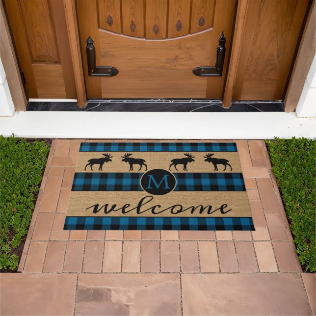 Moose On Blue Black Buffalo Check Plaid Pattern Doormat (Outdoor)